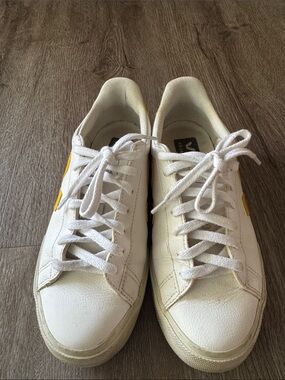 Veja White Leather Sneakers with Yellow Accent